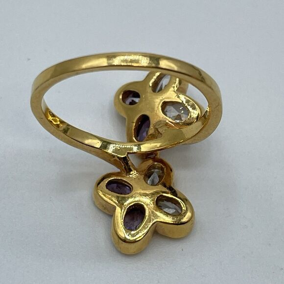 Flower Purple White Rhinestone Gold Tone Ring Band Sz 11 Statement Cocktail Boho - Picture 6 of 6